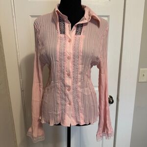 Dress U II Pink Blouse Top 1X Plus Size Pleated Lace Trim Long Sleeve y2k fairy